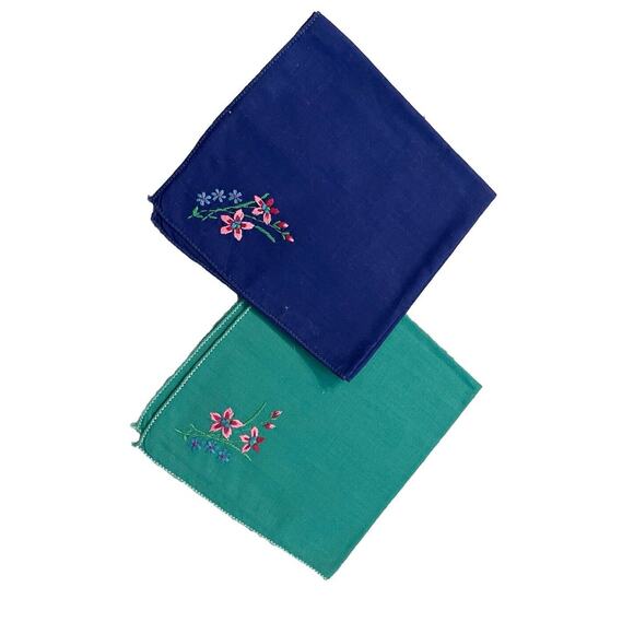 Lot Vintage Hankies Floral Embroidery Cotton‎ Blue Green Unused Handkerchief - Picture 1 of 3